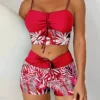 Women's Plus Size Two Piece High Waisted Boyleg Tie Front Printed Color Block Padded Swimsuit