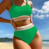 Womens High Waisted Ribbed Two Piece Bikini Trim Underwire Swimwear