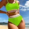Womens High Waisted Ribbed Two Piece Bikini Trim Underwire Swimwear