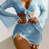 Womens 4-Piece Bikini Set Long Sleeve Tassel Cover-Up Sheer Skirt Solid Quick-Dry Swimwear