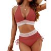 Womens High Waist Deep V Backless Bikini Solid Padded Quick Dry Stretchy