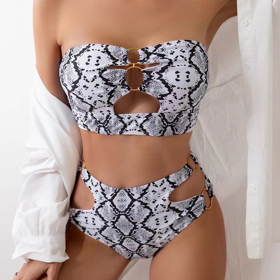 Womens Snake Print Cutout Strapless Bikini Padded No Underwire Swimwear