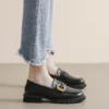 Womens Vintage Loafers Thick Heel Buckle Round Toe Microfiber Shoes