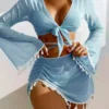 Womens 4-Piece Bikini Set Long Sleeve Tassel Cover-Up Sheer Skirt Solid Quick-Dry Swimwear