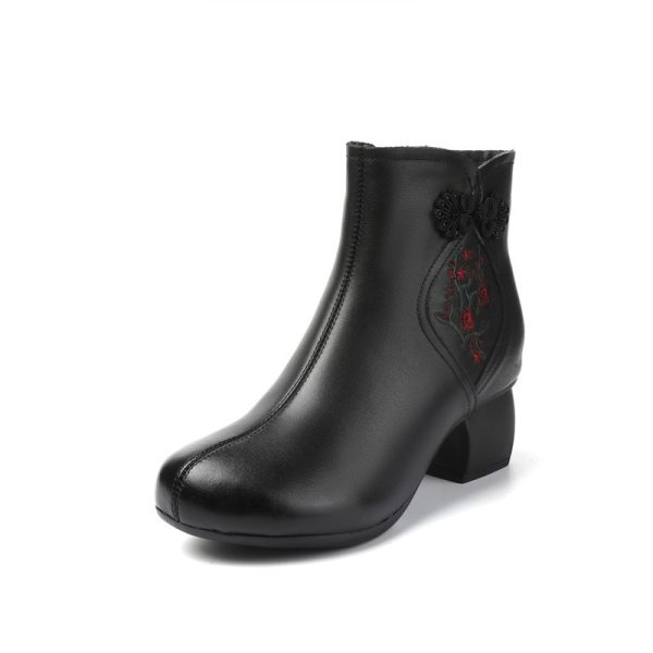 Womens Vintage Embroidered Leather Chunky Heel Round Toe Booties