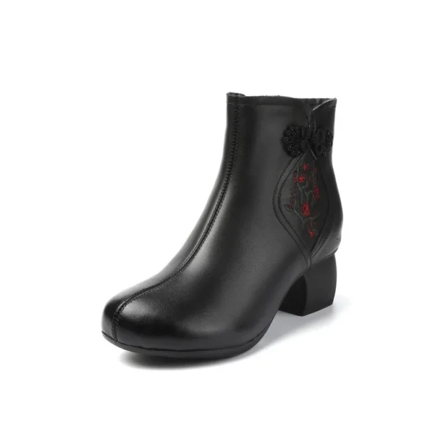 Womens Vintage Embroidered Leather Chunky Heel Round Toe Booties