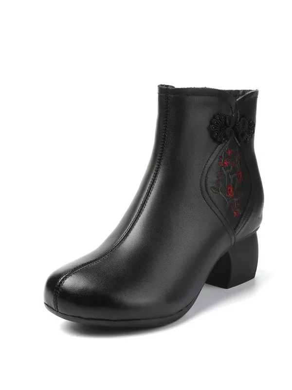 Womens Vintage Embroidered Leather Chunky Heel Round Toe Booties
