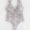 Plus Size Women's Floral One Piece Swimsuit Deep V Ruffle Open Back Tie Padded No Underwire