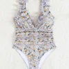 Plus Size Women's Floral One Piece Swimsuit Deep V Ruffle Open Back Tie Padded No Underwire