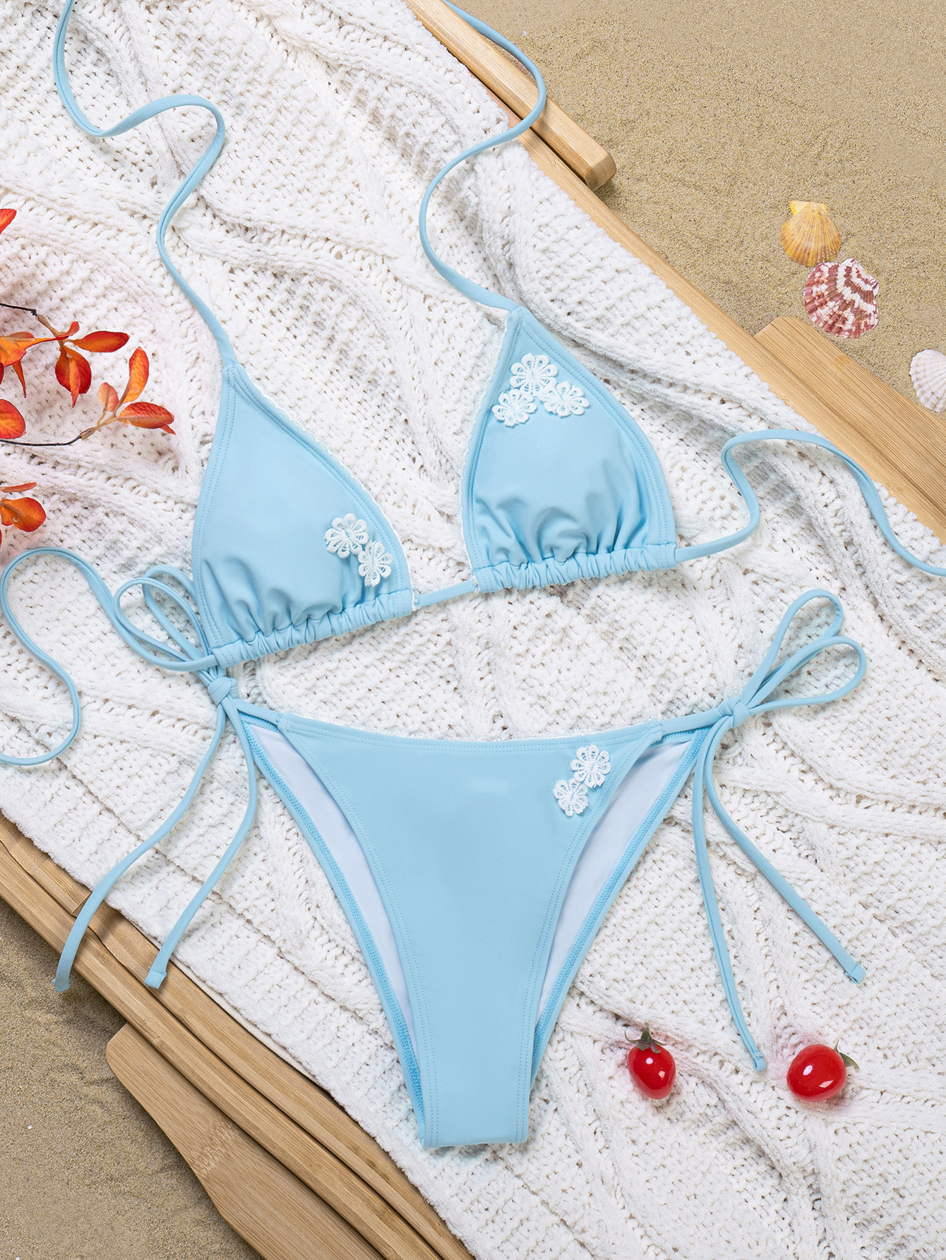 Womens Solid Embroidered Flower Sexy Tie Side Bikini Padded Quick Dry