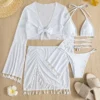 Womens 4-Piece Bikini Set Long Sleeve Tassel Cover-Up Sheer Skirt Solid Quick-Dry Swimwear