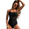 Womens Mesh One Piece Modest Swimsuit Solid Nylon Bust Pad No Underwire
