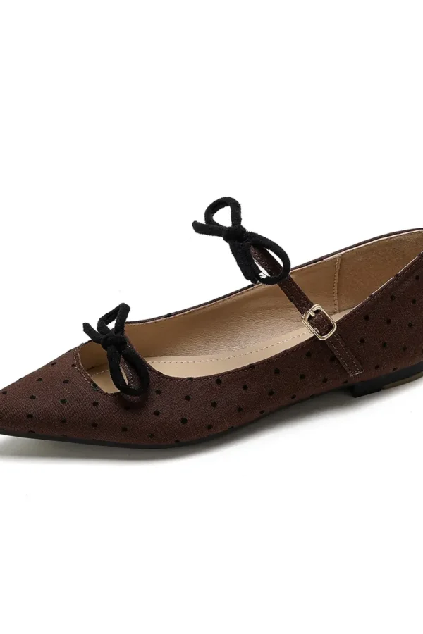 Womens Faux Suede Pointed Toe Bow Buckle Mary Jane Flats Polka Dot Low Heel Shoes