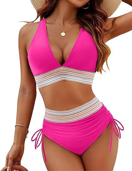 Womens High Waist Deep V Backless Bikini Solid Padded Quick Dry Stretchy