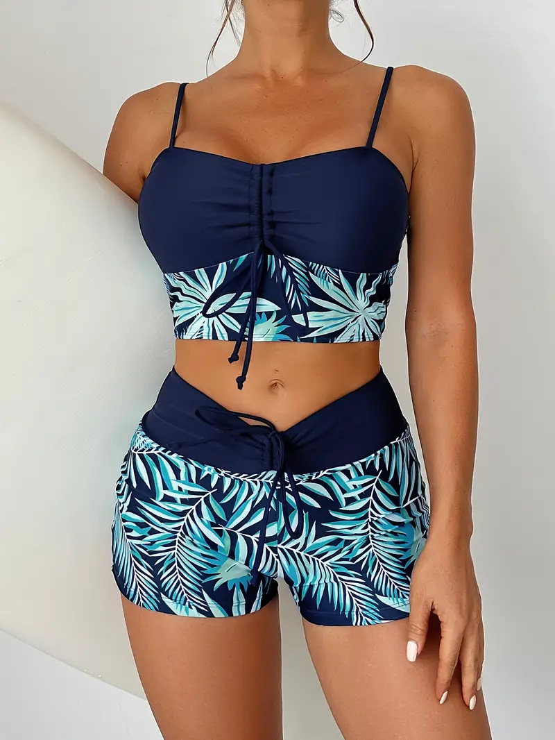 Women's Plus Size Two Piece High Waisted Boyleg Tie Front Printed Color Block Padded Swimsuit