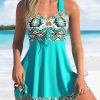 Floral Print Halter Two Piece Swimsuit Chest Pad No Underwire Plus Size Swimwear