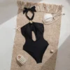 Womens Solid Halter Cutout One Piece Swimsuit Padded Wireless