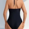 Womens Solid Halter Open Back Ruched Slimming One Piece Swimsuit