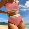Womens High Waisted Ribbed Two Piece Bikini Trim Underwire Swimwear