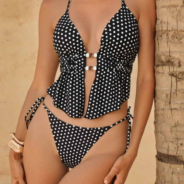 Retro Polka Dot Sexy Two Piece Long Top Tie Side Padded Swimsuit