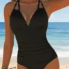 Womens Solid Halter Open Back Ruched Slimming One Piece Swimsuit