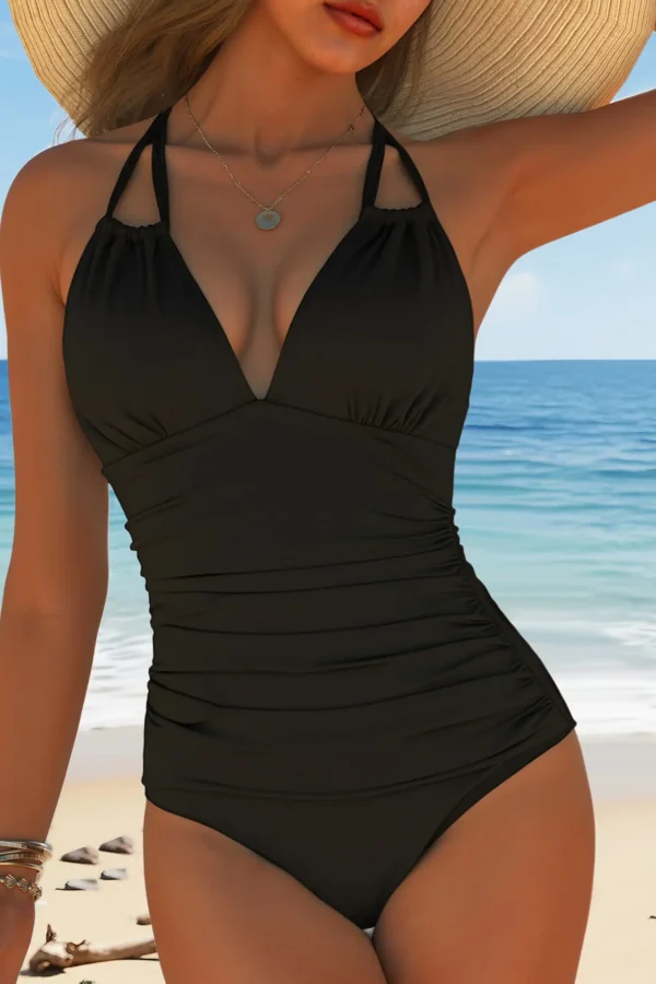 Womens Solid Halter Open Back Ruched Slimming One Piece Swimsuit