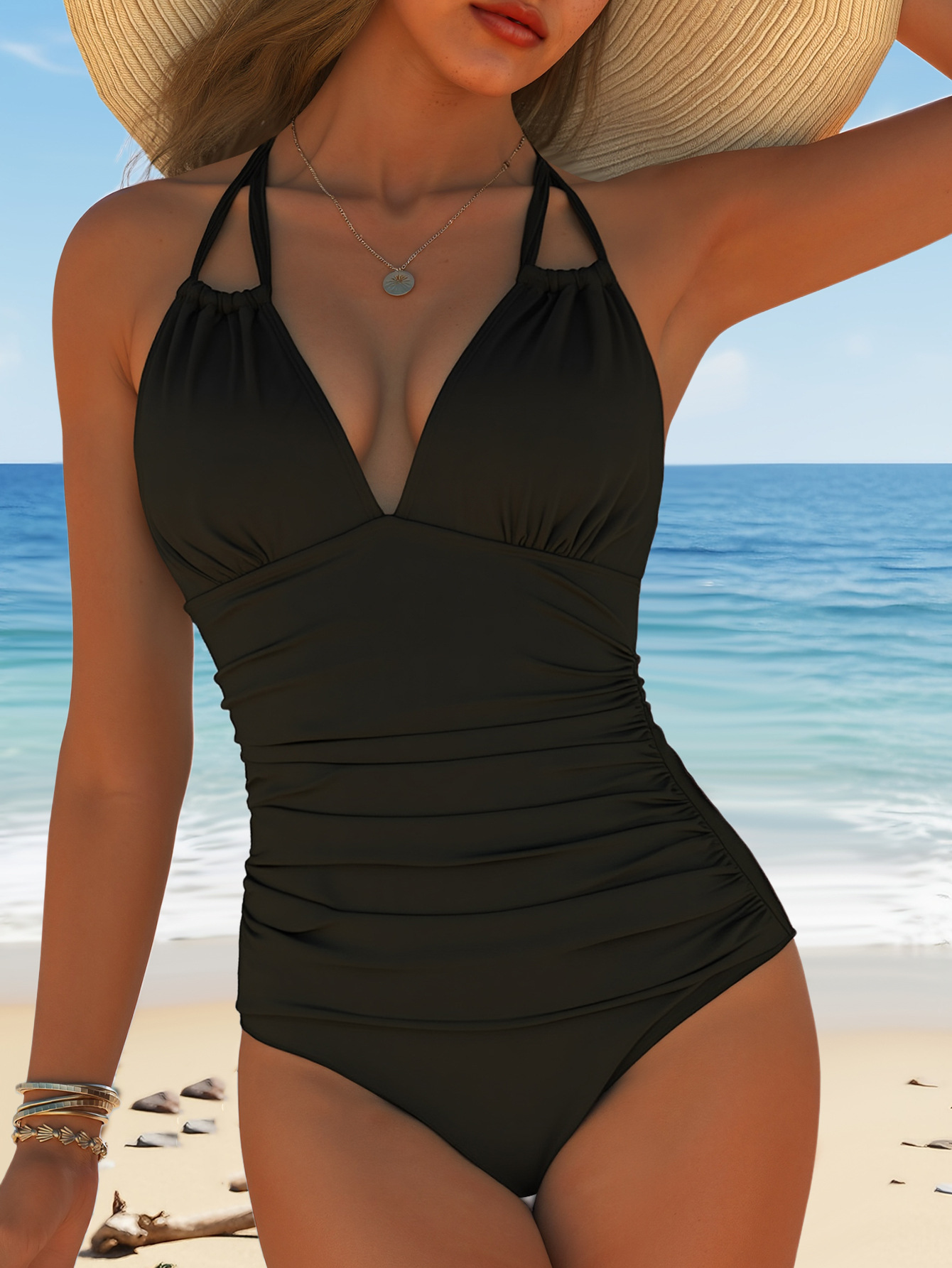 Womens Solid Halter Open Back Ruched Slimming One Piece Swimsuit