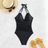 Womens Solid Halter Open Back Ruched Slimming One Piece Swimsuit