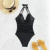 Womens Solid Halter Open Back Ruched Slimming One Piece Swimsuit