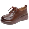 Womens Vintage British Leather Platform Loafers Lace Up Wide Chunky Heel