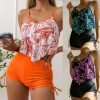 Womens Floral Print Bikini Ruffled Top Drawstring Boyshorts with Chest Pads