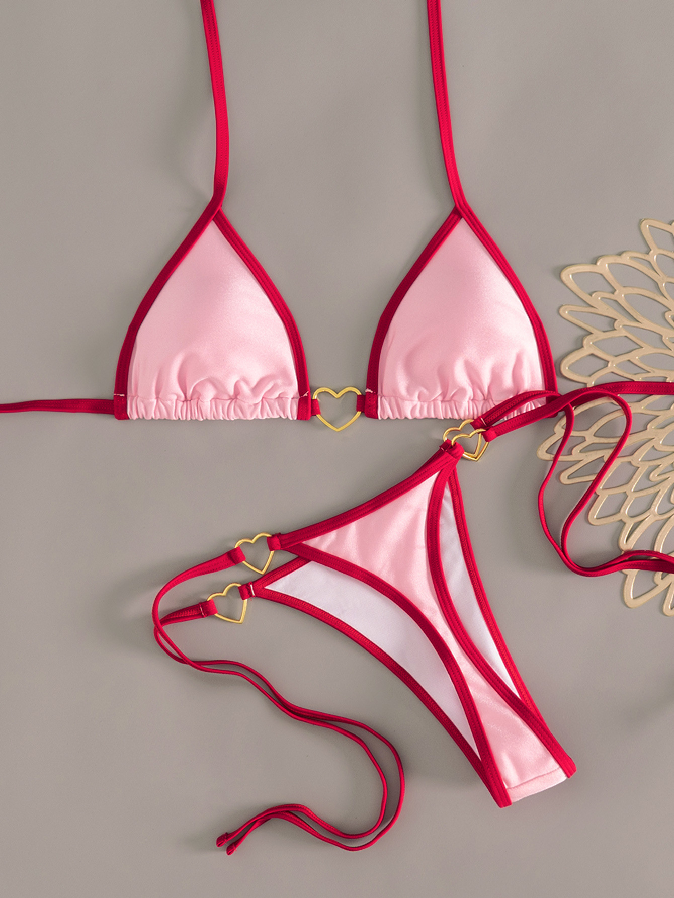 Color Block Heart Bikini Two Piece Tie Strap Open Back Cute Padded