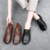 Womens Soft Leather Vintage Loafers Flats Wide Spring Fall Casual Lace-Up