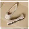 Womens Pointed Toe Rhinestone Bow Slip-On Flats Microfiber Wide Shoes