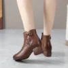 Womens Vintage Embroidered Leather Chunky Heel Round Toe Booties