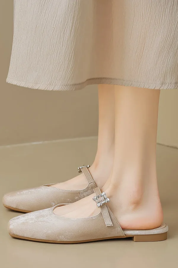 Womens Square Toe Satin Flat Mules Ankle Strap Summer Slip On Shoes