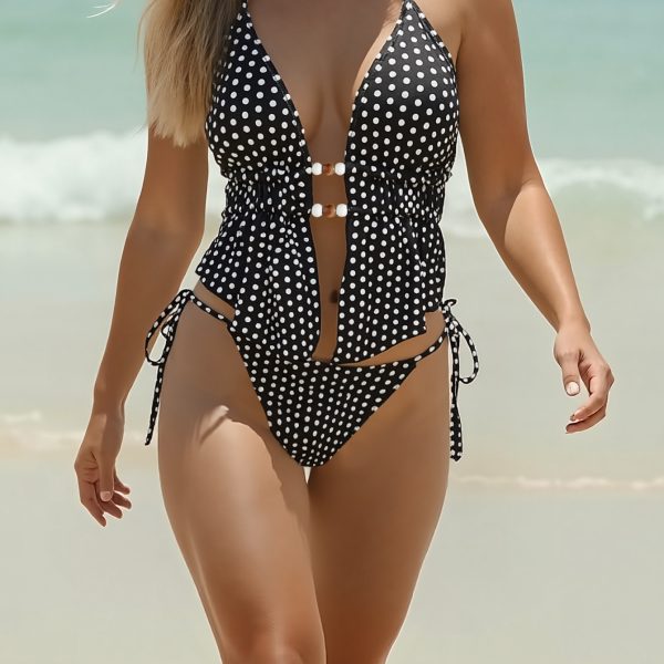 Retro Polka Dot Sexy Two Piece Long Top Tie Side Padded Swimsuit