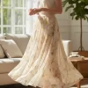 Summer Beige Floral Silk Midi Skirt Elastic Waist Flowy Elegant