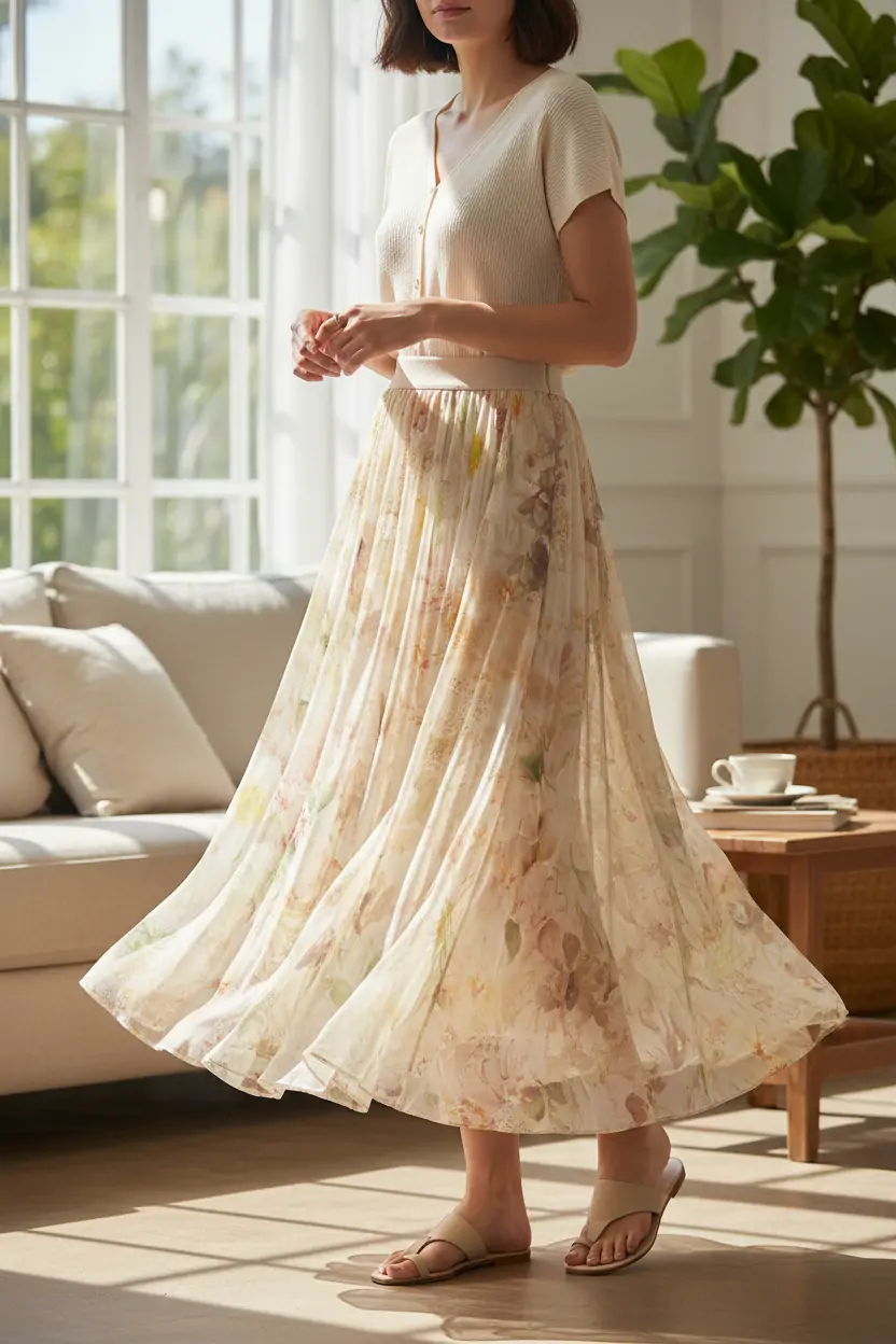 Summer Beige Floral Silk Midi Skirt Elastic Waist Flowy Elegant