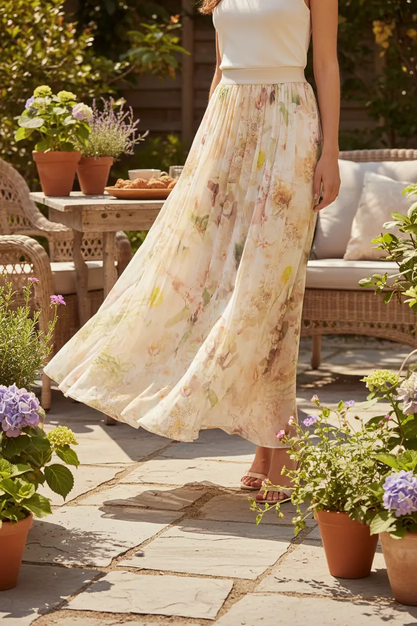 Summer Beige Floral Silk Midi Skirt Elastic Waist Flowy Elegant