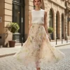 Summer Beige Floral Silk Midi Skirt Elastic Waist Flowy Elegant