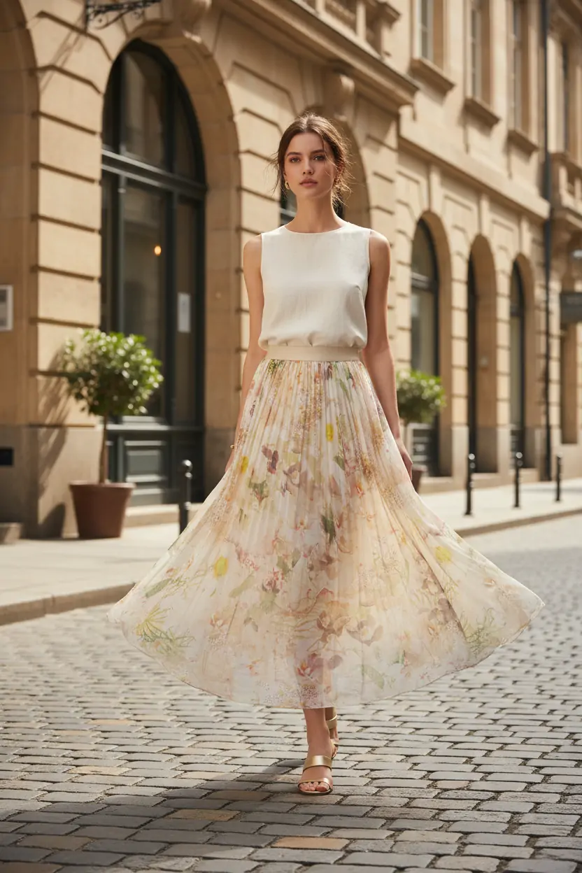 Summer Beige Floral Silk Midi Skirt Elastic Waist Flowy Elegant