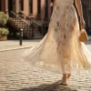 Summer Beige Floral Silk Midi Skirt Elastic Waist Flowy Elegant