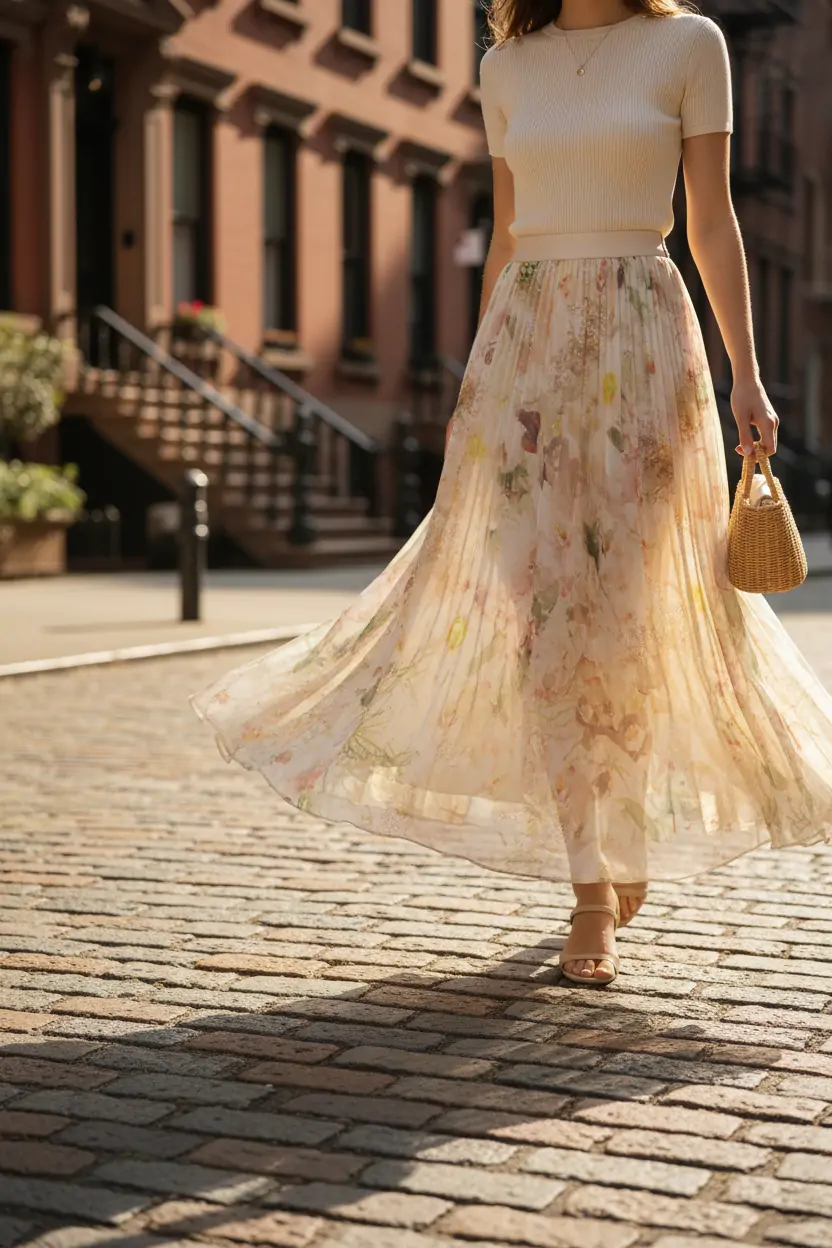 Summer Beige Floral Silk Midi Skirt Elastic Waist Flowy Elegant