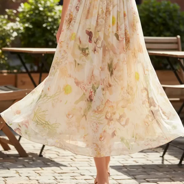 Summer Beige Floral Silk Midi Skirt Elastic Waist Flowy Elegant