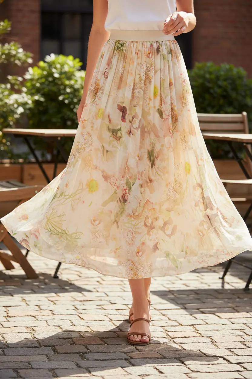 Summer Beige Floral Silk Midi Skirt Elastic Waist Flowy Elegant