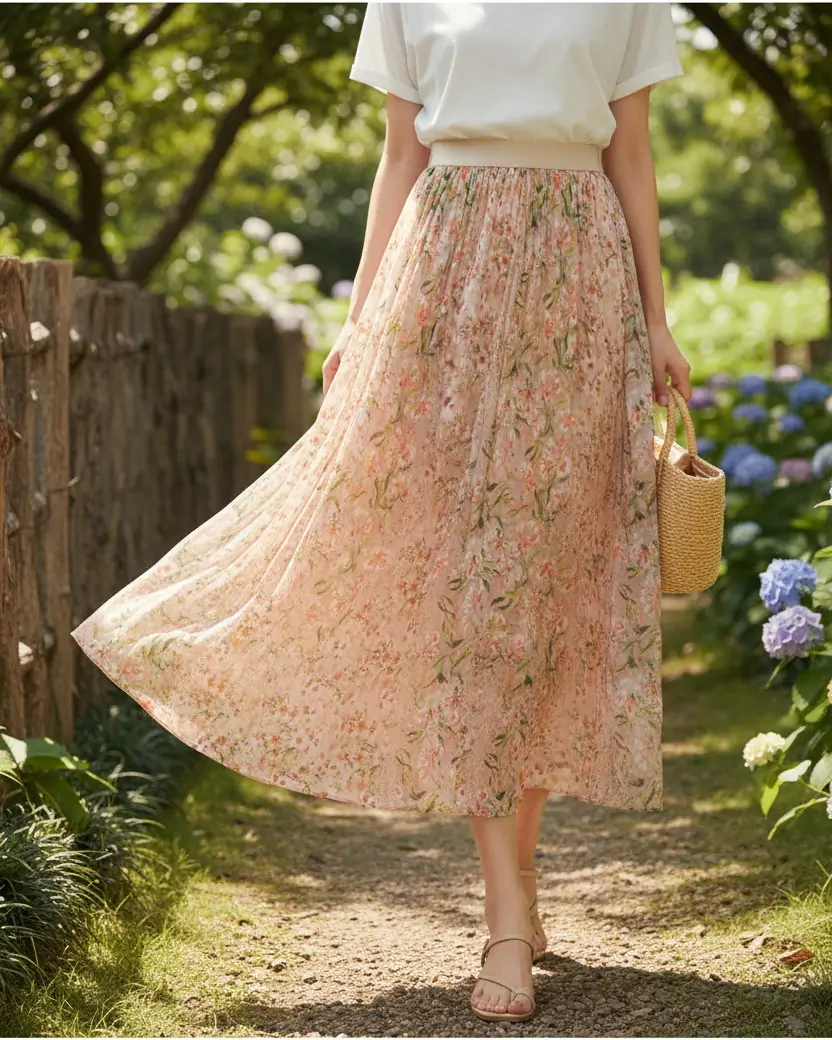 Women's Mulberry Silk Printed A-Line Maxi Skirt Elastic Waist Slimming Elegant (1)