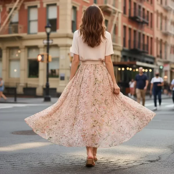 Women's Mulberry Silk Printed A-Line Maxi Skirt Elastic Waist Slimming Elegant (1)