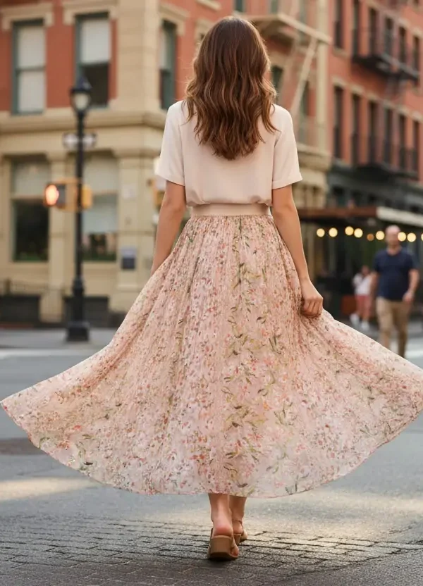 Women's Mulberry Silk Printed A-Line Maxi Skirt Elastic Waist Slimming Elegant (1)