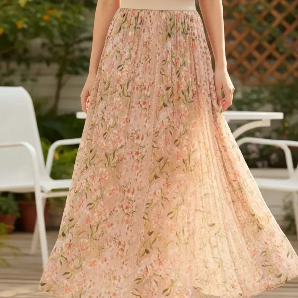 Women's Mulberry Silk Printed A-Line Maxi Skirt Elastic Waist Slimming Elegant (1)